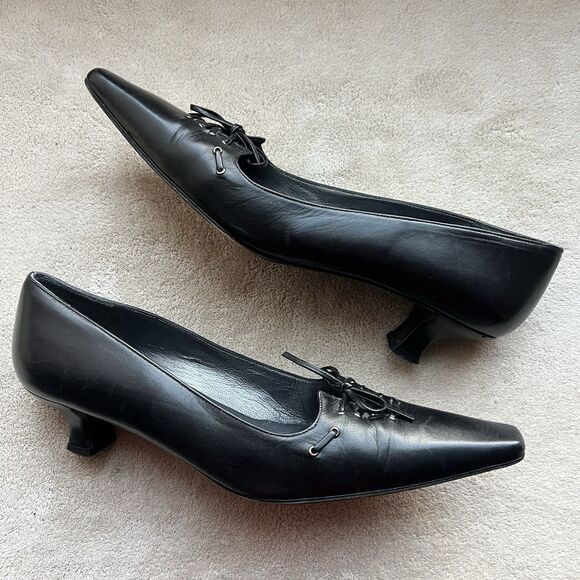 Stuart Weitzman Black Leather Front Lace Up Kitten Heel Pump Women 7 N Narrow - Picture 15 of 15